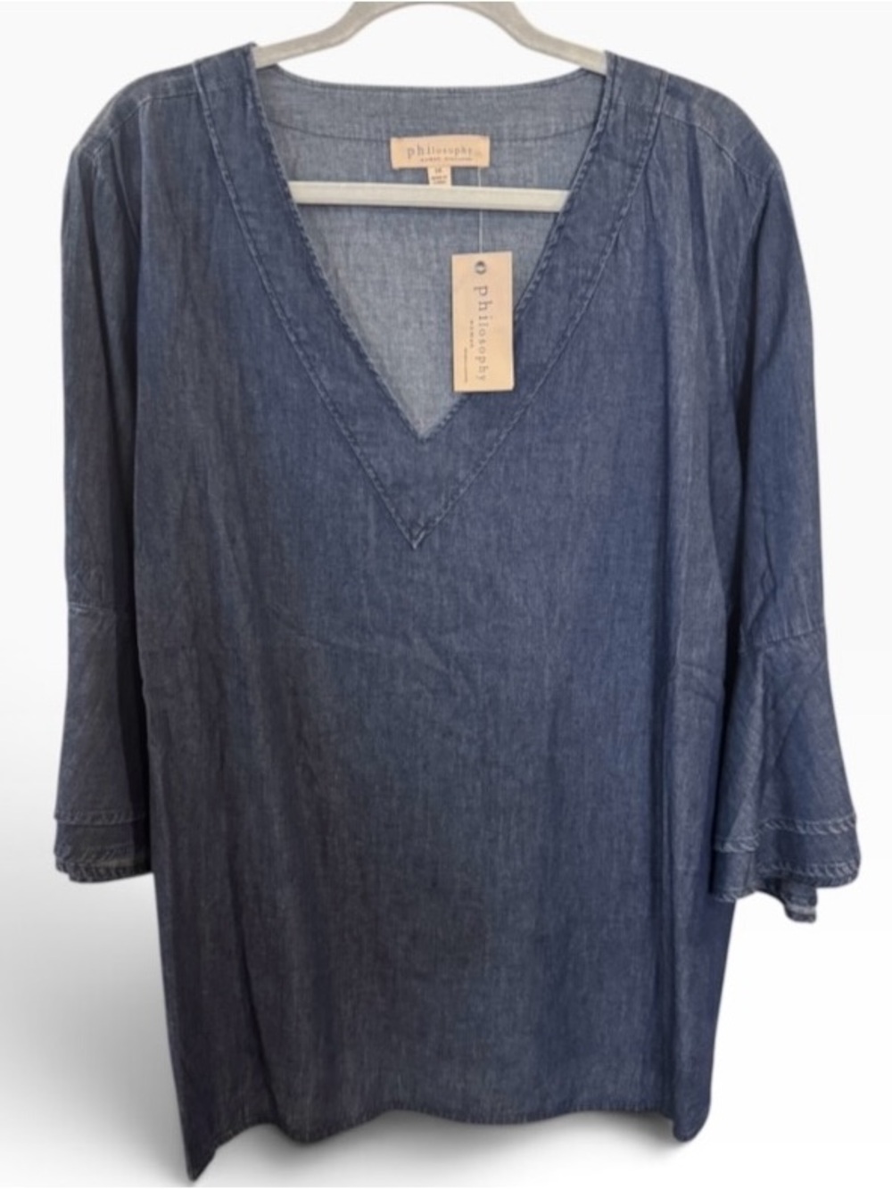 NWT Philosophy Chambray Denim Blouse Tunic Top V-Neck Bell Sleeve Size 3X